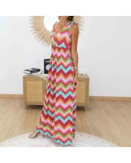Robe longue magique Mila corail femme motifs chevrons multicolores