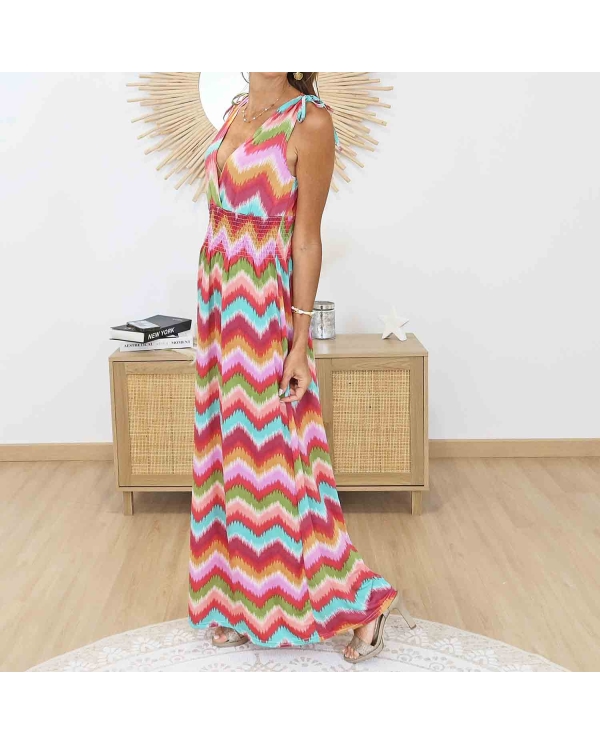 Robe longue femme fluide imprimé chevrons corail