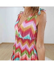 Robe magique femme corail et turquoise taille smockée