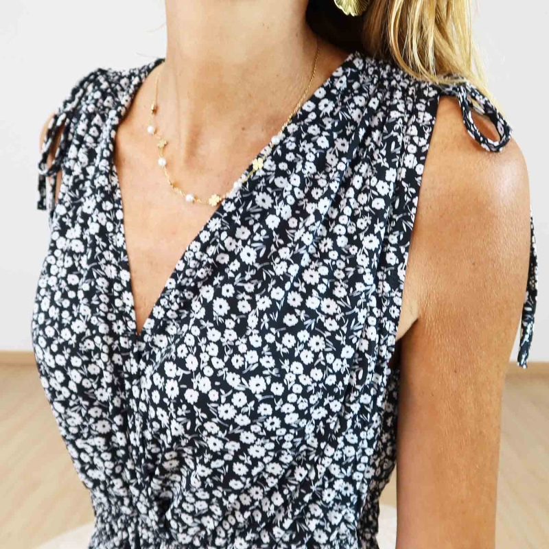 Robe magique noire fleurie décolleté V femme