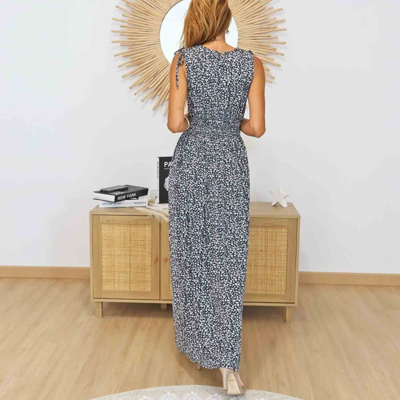 Robe longue bohème chic noire fleurs blanches