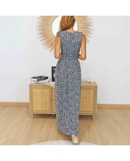Robe longue bohème chic noire fleurs blanches