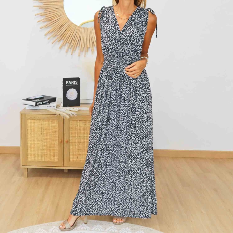 Robe longue magique Camille noire fleurie femme