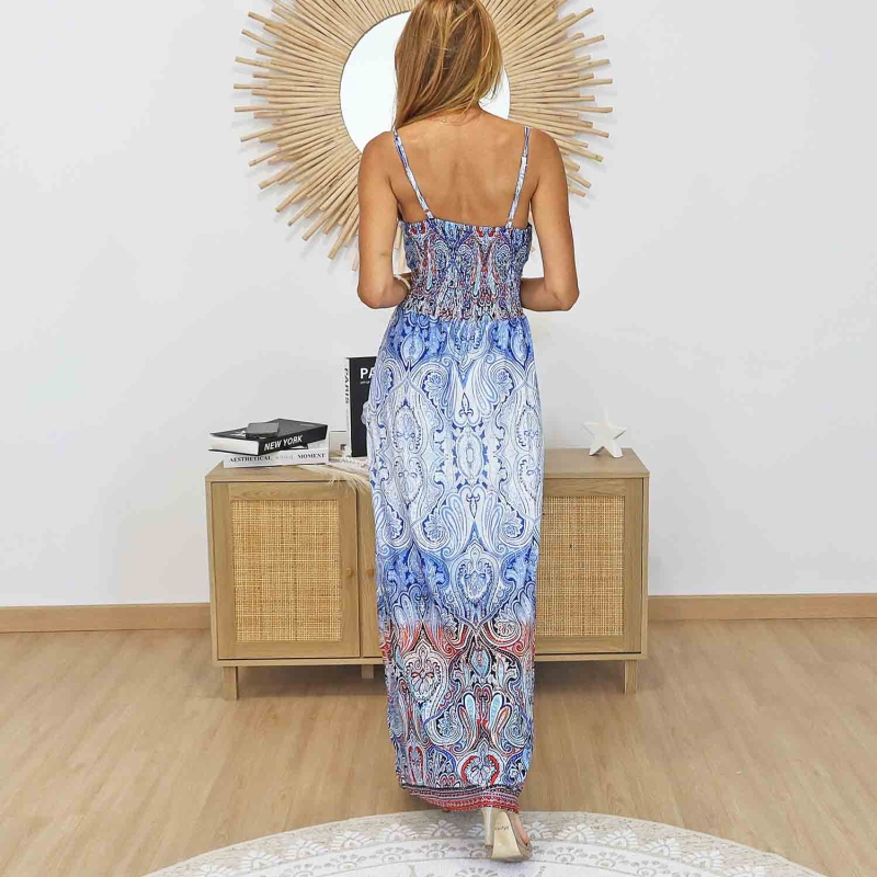 Robe longue magique Carla bleue imprimé cachemire