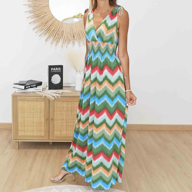 Robe longue été femme coloris vert et bleu ciel