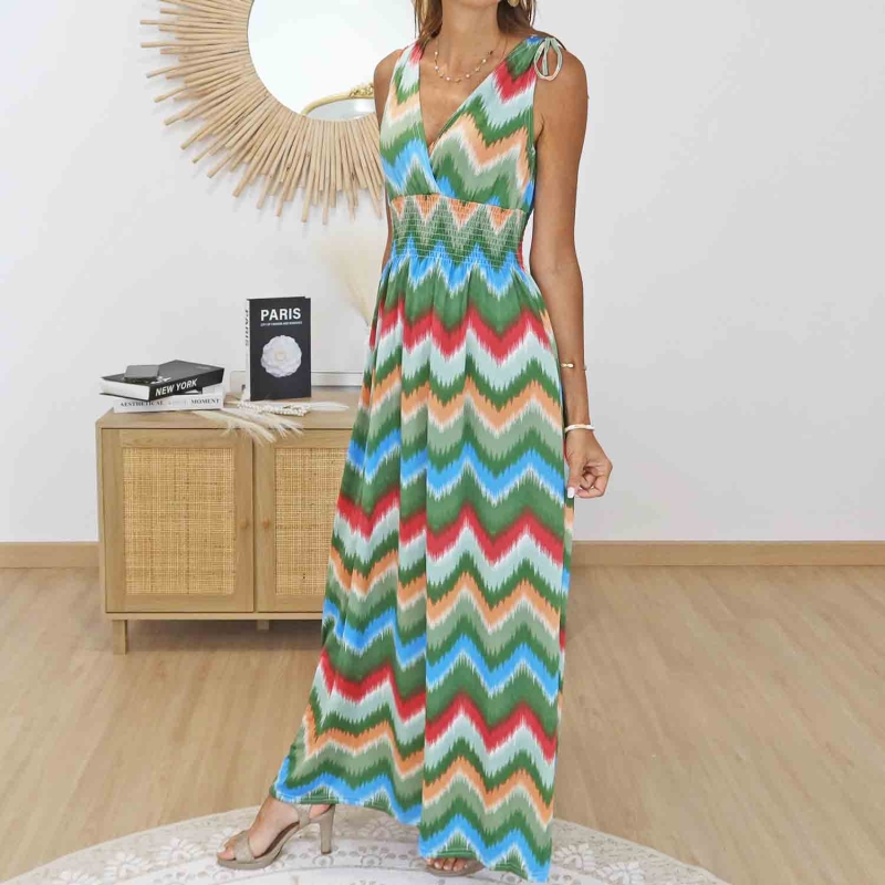 Robe longue magique Mila verte femme motifs chevrons multicolores