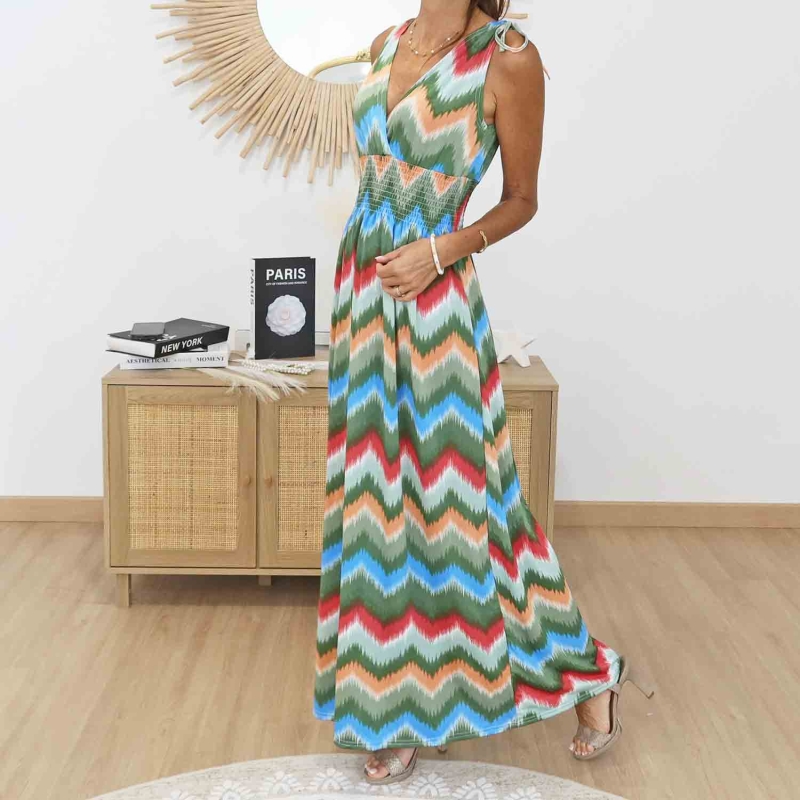 Robe longue femme fluide imprimé chevrons verts