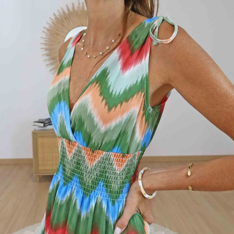Robe longue fluide verte femme décolleté V