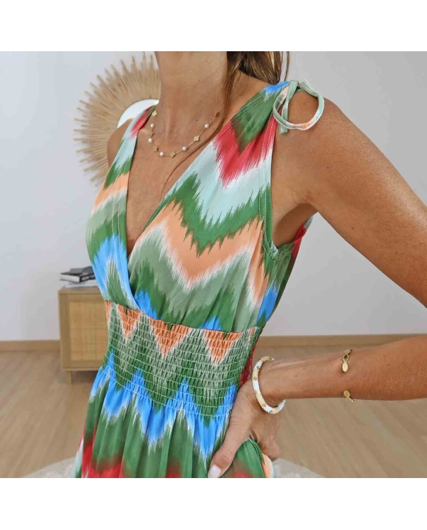 Robe longue fluide verte femme décolleté V