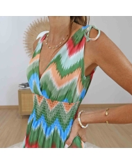 Robe longue fluide verte femme décolleté V