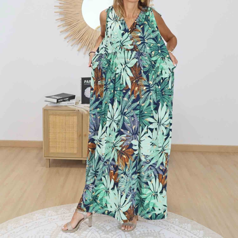 Robe longue fluide verte feuillage exotique femme