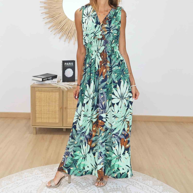 Robe longue magique Savannah verte imprimé tropical femme