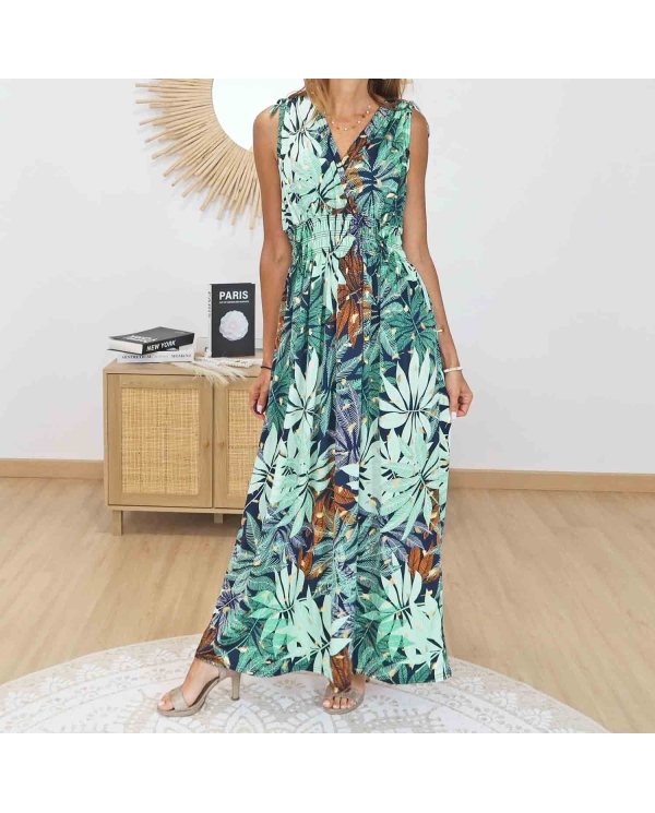 Robe longue magique Savannah verte imprimé tropical femme