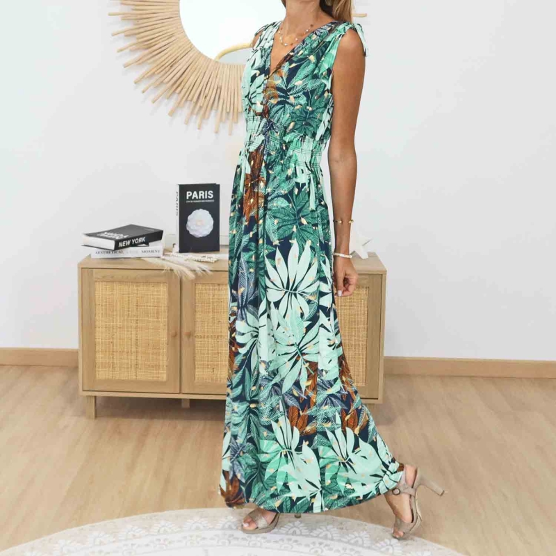 Robe longue été femme imprimé tropical vert et noir