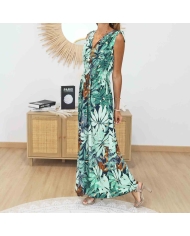 Robe longue été femme imprimé tropical vert et noir