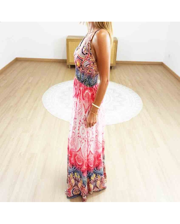 Robe longue fluide corail femme décolleté V