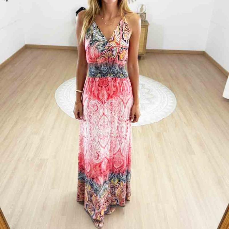 Robe longue magique Carla corail femme imprimé cachemire