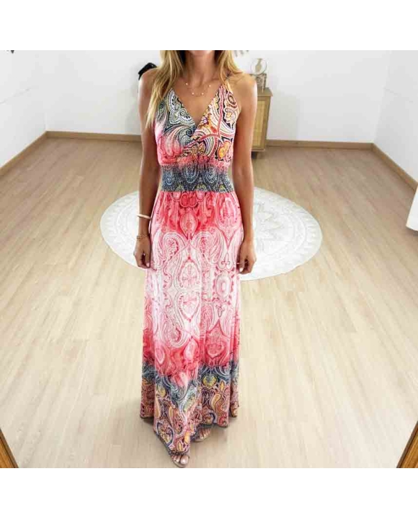 Robe longue magique Carla corail femme imprimé cachemire