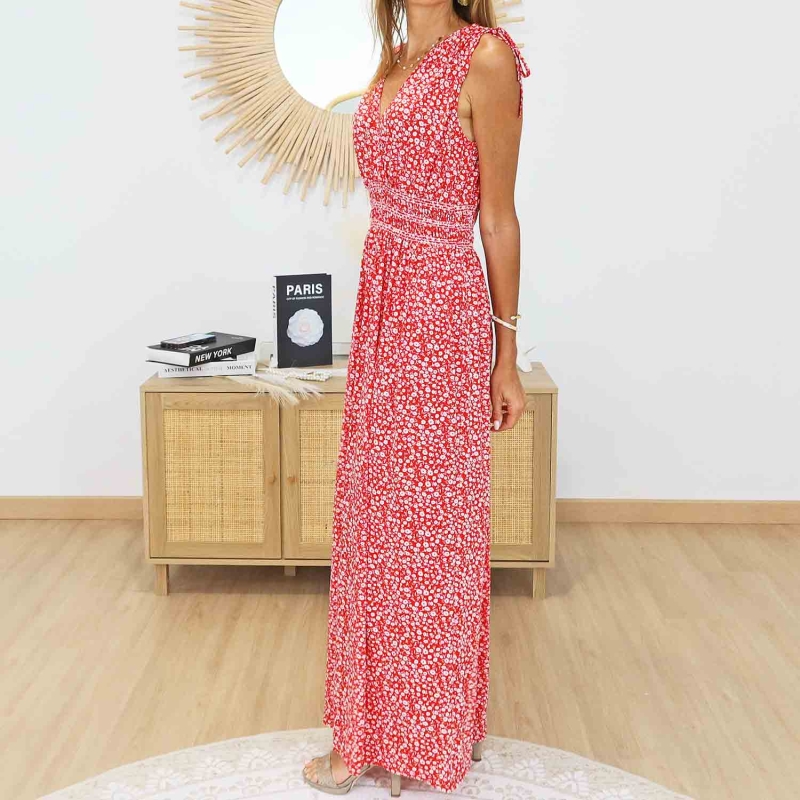 Robe longue rouge fleurie femme décolleté V
