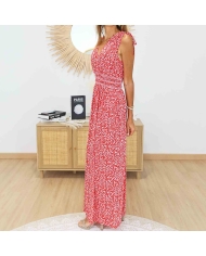 Robe longue rouge fleurie femme décolleté V