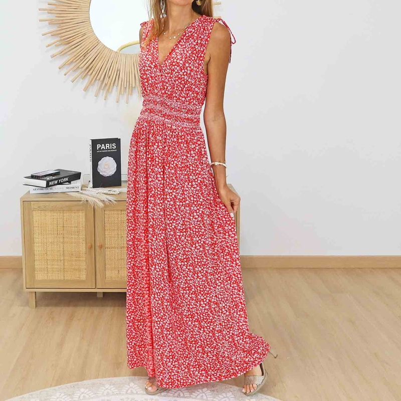 Robe longue été femme imprimé petites fleurs blanches