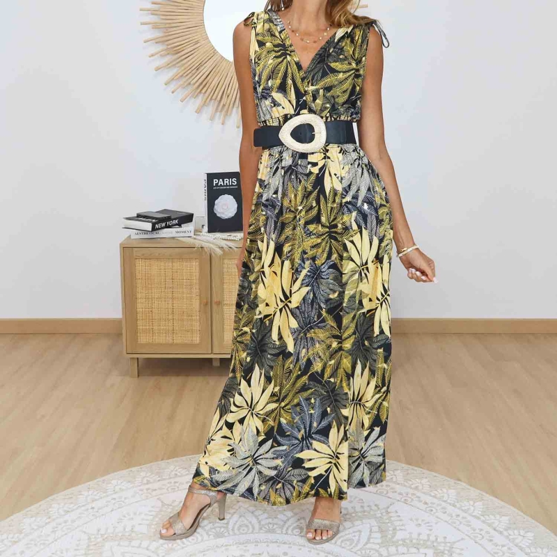 Robe longue Savannah noire et jaune imprimé tropical