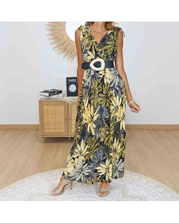 Robe longue Savannah noire et jaune imprimé tropical