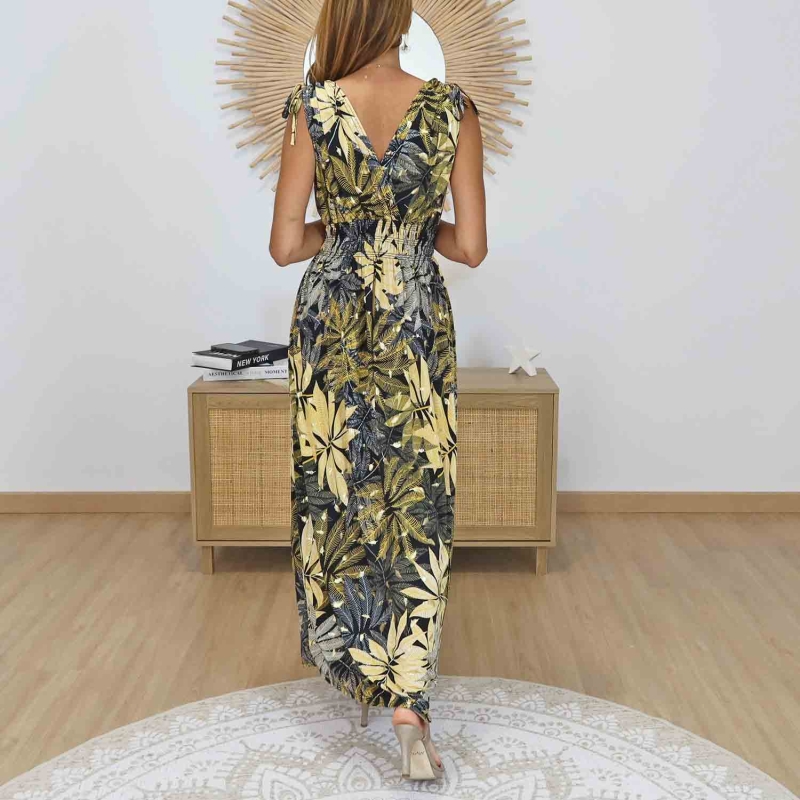 Robe longue imprimé feuillage jaune et noir