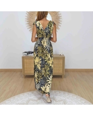 Robe longue imprimé feuillage jaune et noir
