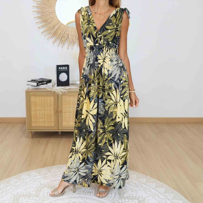 Robe longue noire et jaune style bohème chic