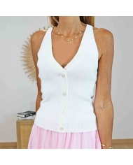 Top écru boutonné femme décolleté V