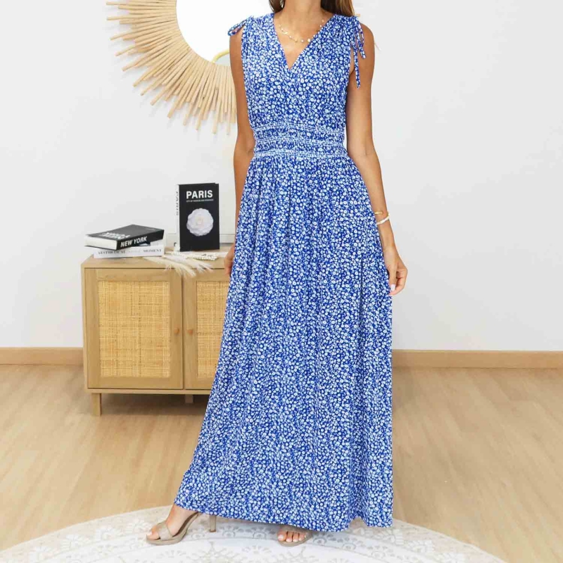 Robe longue fleurie bleue femme