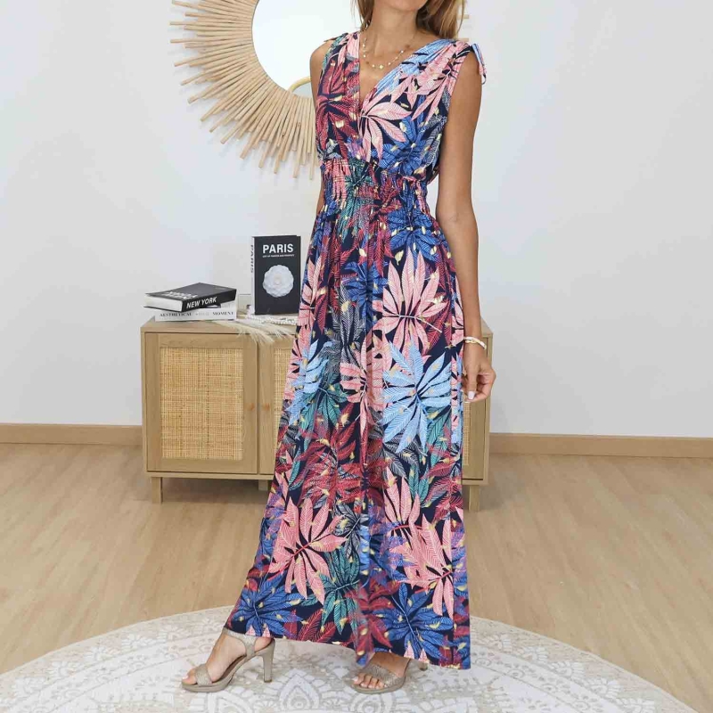 Robe longue bohème imprimé feuillage exotique