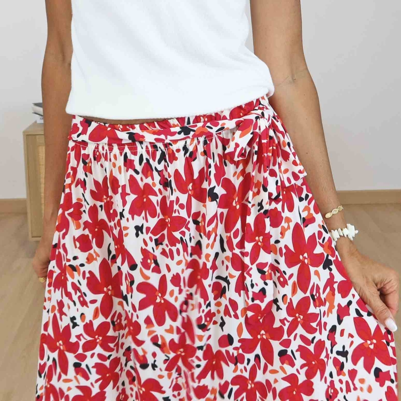 Jupe fluide imprimé floral rouge femme