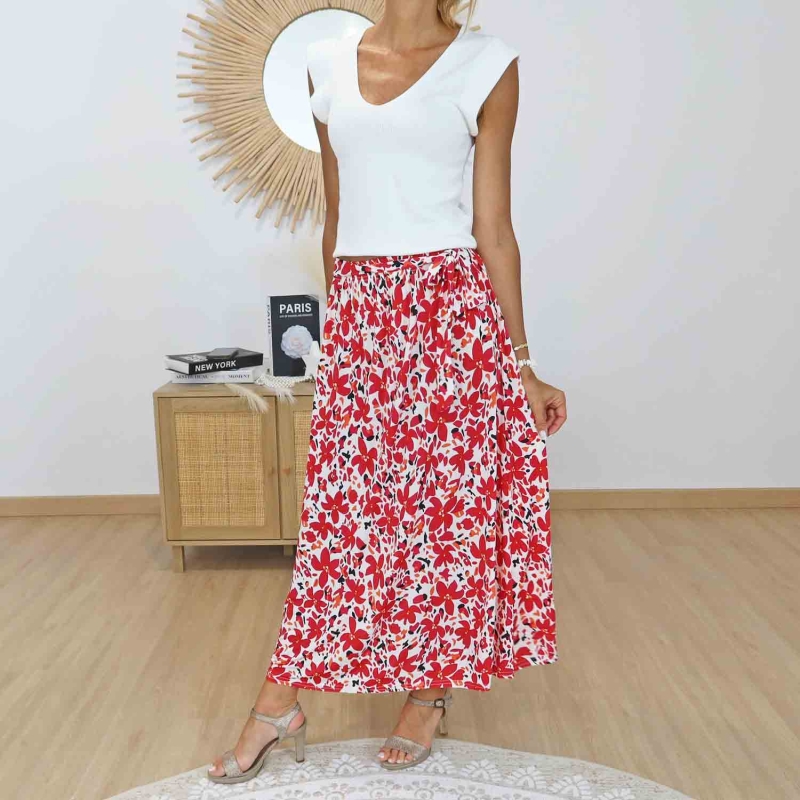 Jupe taille élastique fleurs rouges