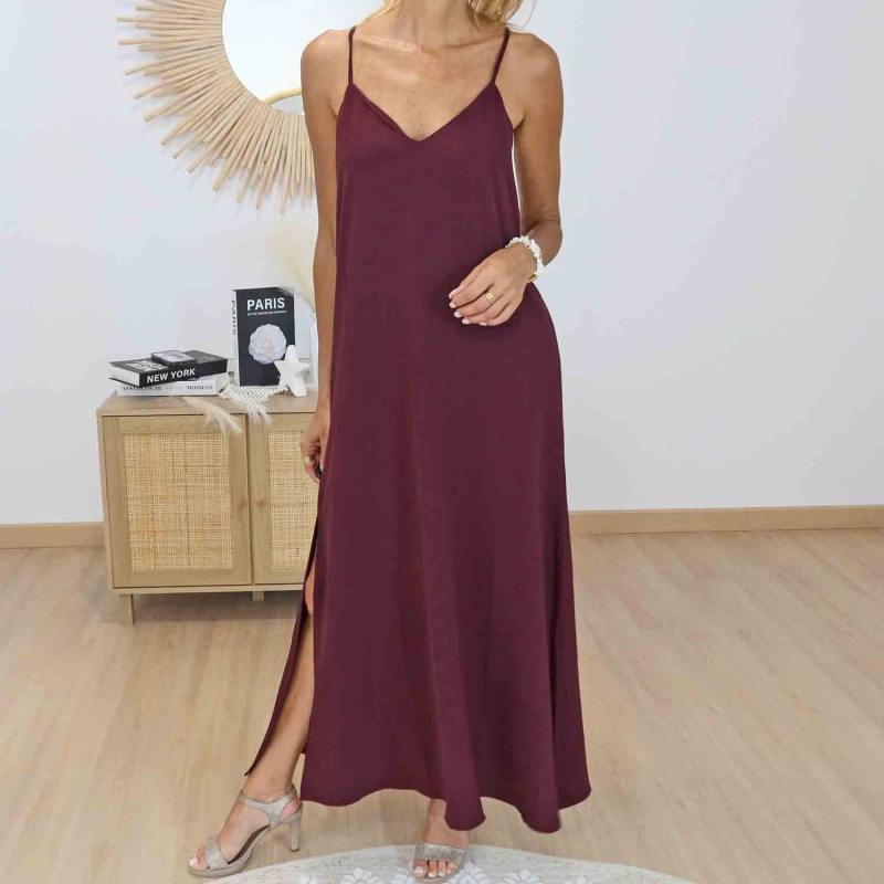 Robe longue fluide bordeaux prune femme