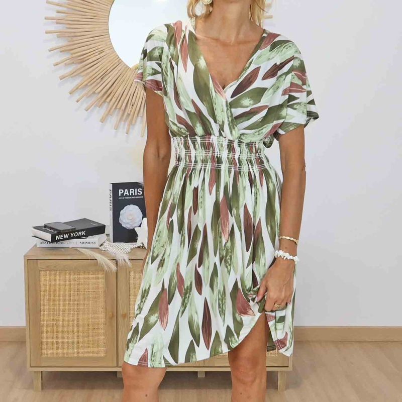 Robe magique Alyssa imprimé végétal kaki vert caramel écru vue de face
