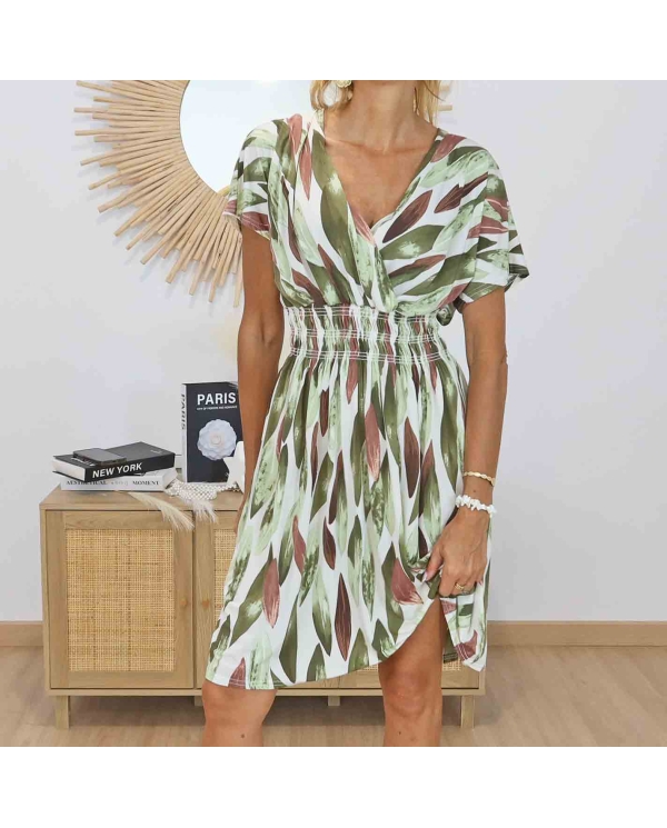 Robe magique Alyssa imprimé végétal kaki vert caramel écru vue de face