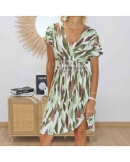 Robe magique Alyssa imprimé végétal kaki vert caramel écru vue de face