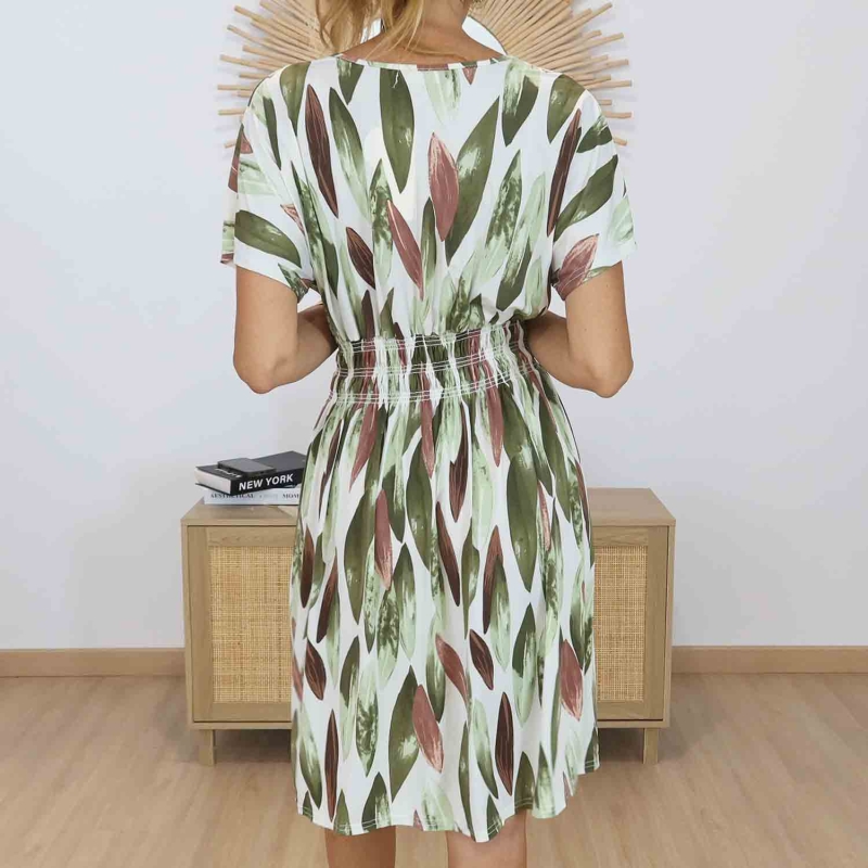 Dos de la robe magique Alyssa imprimé végétal kaki vert caramel écru