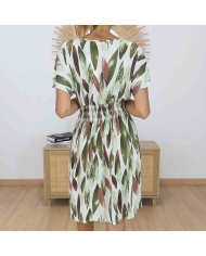 Dos de la robe magique Alyssa imprimé végétal kaki vert caramel écru