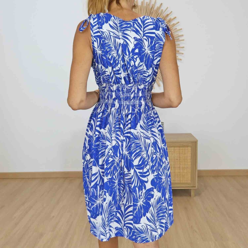 Dos de la robe magique Isia bleu et blanc taille smockée