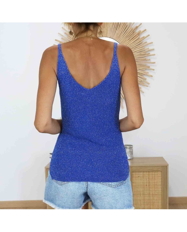 Top bleu scintillant à bretelles femme
