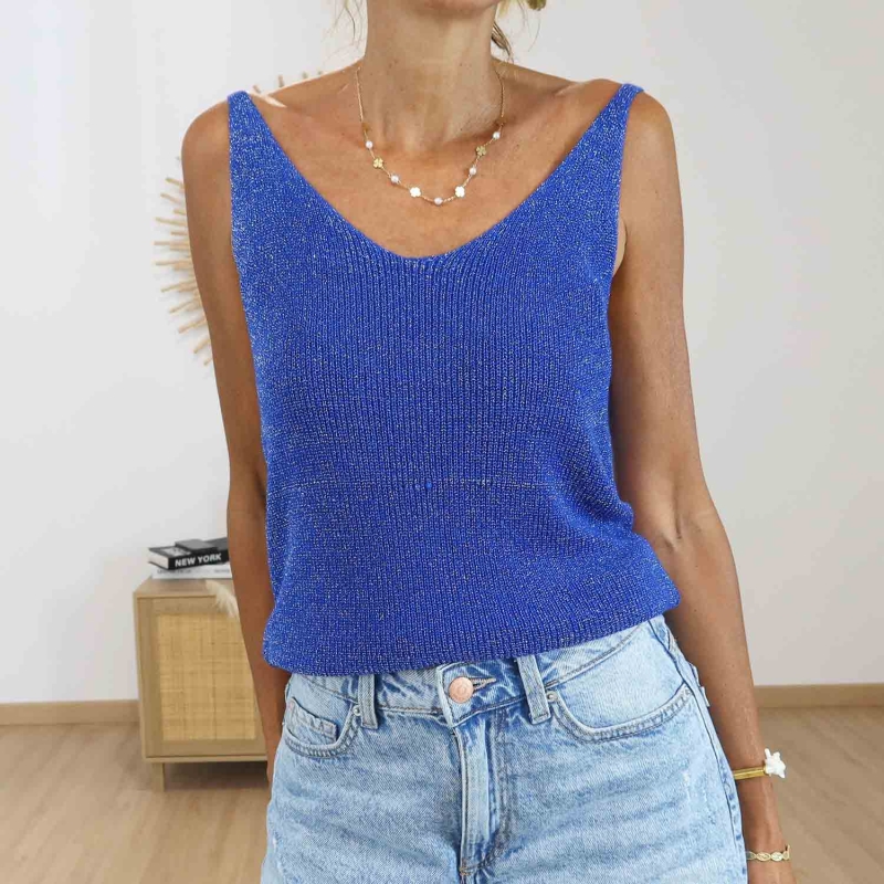 Top bleu électrique femme en maille lurex MOA