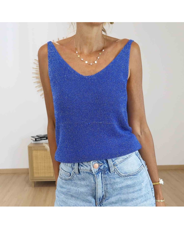 Top bleu électrique femme en maille lurex MOA
