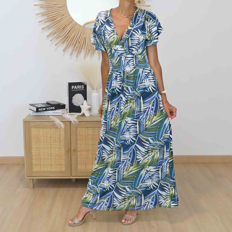 Robe magique Calypso bleu imprimé tropical femme
