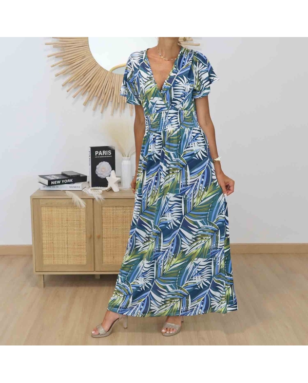 Robe magique Calypso bleu imprimé tropical femme