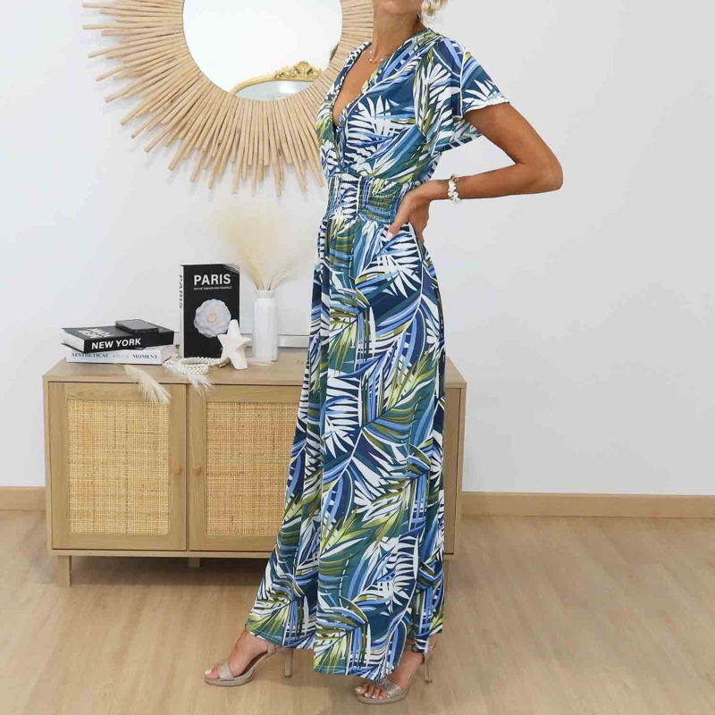 Robe longue bleue imprimé feuillage tropical
