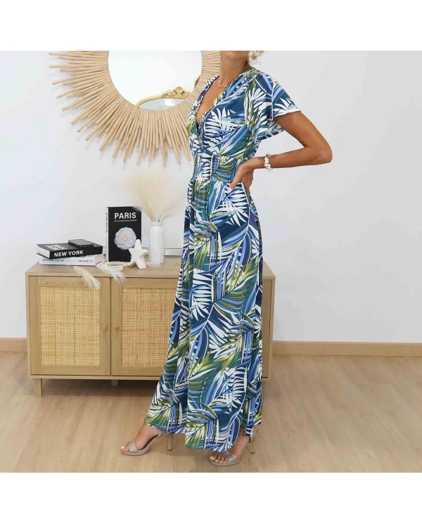 Robe longue bleue imprimé feuillage tropical
