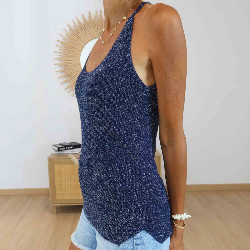 Top maille lurex marine chic femme